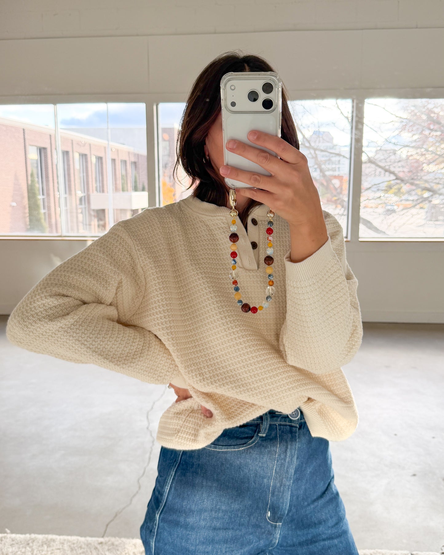 Haggar Cream Cotton Henley Sweater