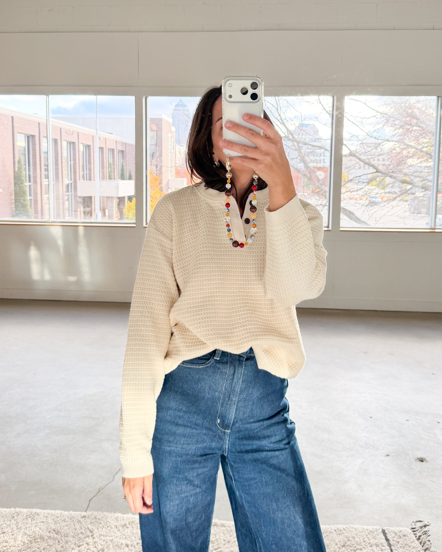 Haggar Cream Cotton Henley Sweater