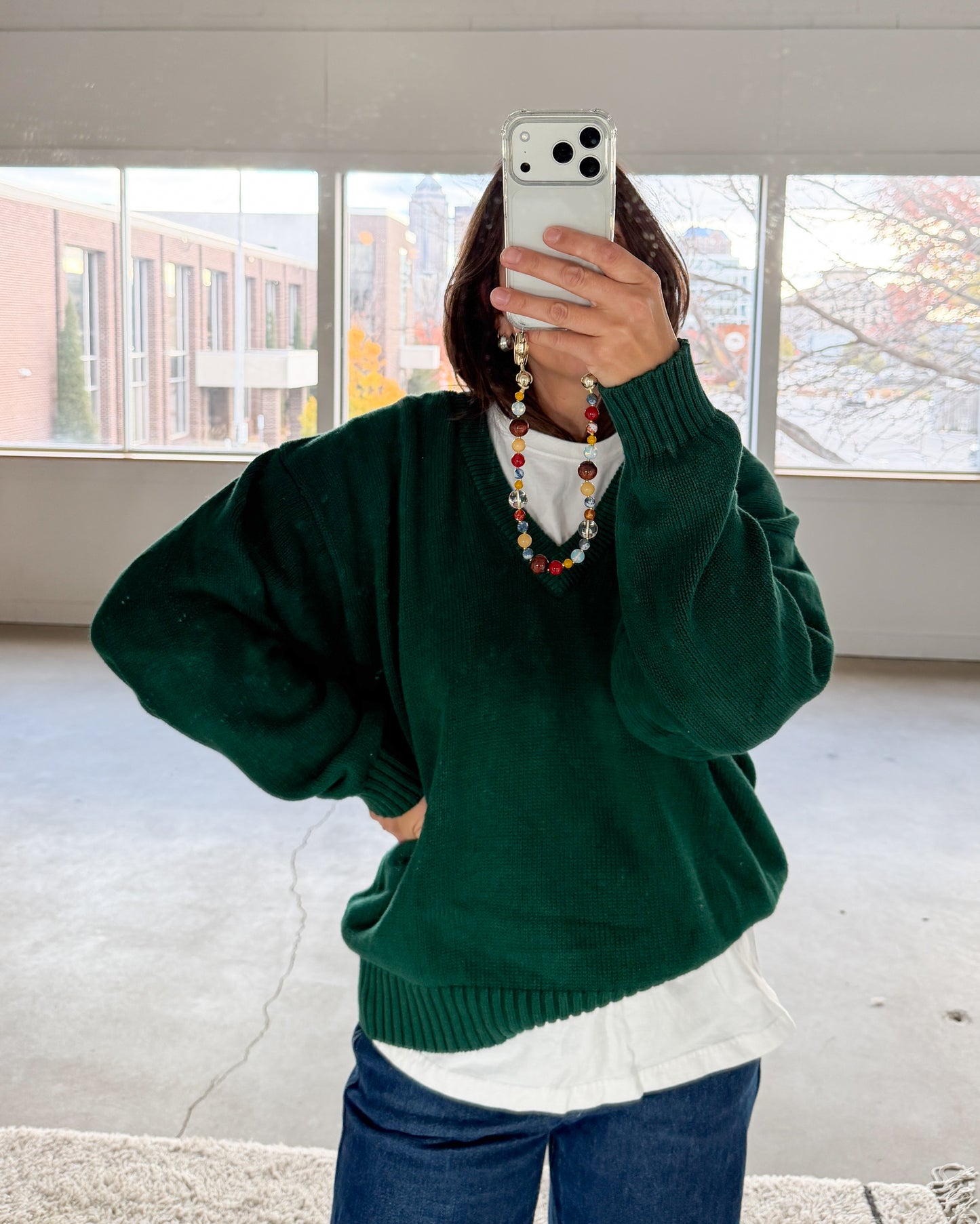 Eddie Bauer Green Cotton V-Neck Sweater